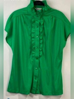VINTAGE 70's Mardi Modes Women’s Green Ruffle-Front Button Blouse Sz 16
